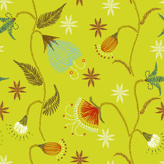 Fototapeta na wymiar Floral embroidery seamless pattern. Sketch hand drawn botanical motifs. Doodle line, dash garden flowers, leaves, branches. Color vector texture for fashion, fabric, print in retro, ethic modern style