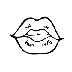 vector hand-drawn outline female lips isolated on a white background.