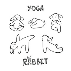 vector set of hand-drawn cute cartoon rabbits in yoga poses isolated on a white background.