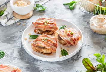 Baked mushrooms stuffed with cheese and pine nuts
