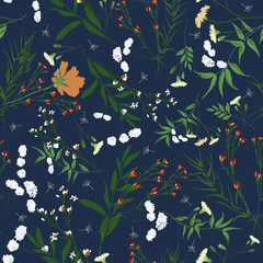 Blossom floral seamless pattern. Blooming botanical motifs scattered random. Trendy colorful vector texture. Good for fashion. Ditsy print. Hand drawn different wild meadow flowers on blue background
