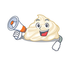 A mascot of whipped cream speaking on a megaphone