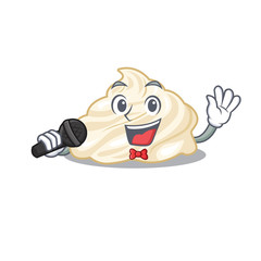 Happy whipped cream singing on a microphone