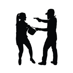 Bandit is robbing woman silhouette vector