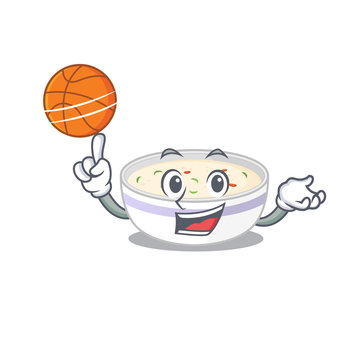 A mascot picture of steamed egg cartoon character playing basketball