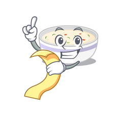 A funny cartoon character of steamed egg holding a menu