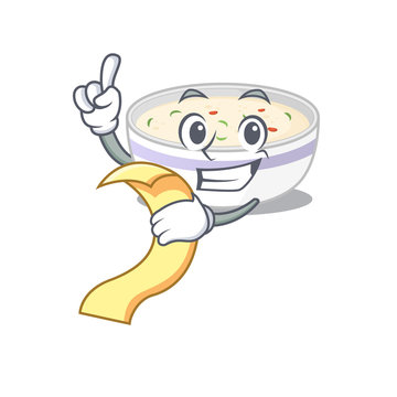 A funny cartoon character of steamed egg holding a menu