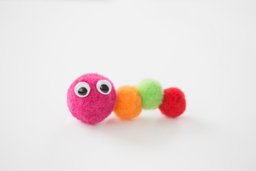closeup colorful pom pom bug on white background