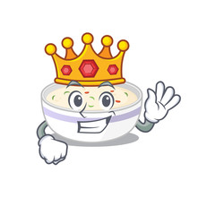 A cartoon mascot design of steamed egg performed as a King on the stage