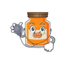 A mascot picture of peach jam cartoon as a Doctor with tools