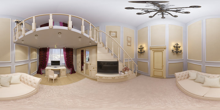 3d render of a seamless 360 degree panorama interior design of a girls bedroom in a private house
