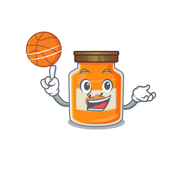 A mascot picture of peach jam cartoon character playing basketball