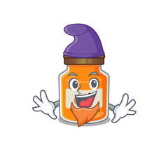 cartoon mascot of funny peach jam dressed as an Elf