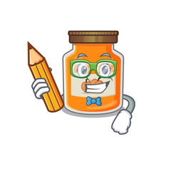A smart Student peach jam character holding pencil