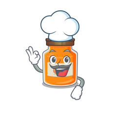 Peach jam cartoon character working as a chef and wearing white hat