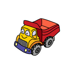  Funny toy dump truck in cartoon style on a white background. Children's toy car. Bright picture for children. Vector illustration.