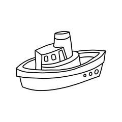  Funny toy boat in black outline style on a white background. Children toy. Coloring book for children. Vector illustration.