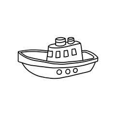  Funny toy boat in black outline style on a white background. Children toy. Coloring book for children. Vector illustration.