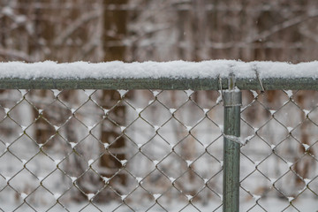 Fresh snow on a chain link fence