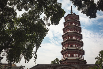 tall pagoda temple in Guangzhou, China. Six Banyan tree Temple.