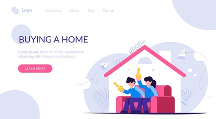 Obraz na płótnie Canvas Buying a home concept. Young family sits on the couch in a new house with keys in their hands. Buying a new apartment with the help of a bank. Landing web page template.