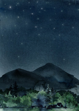 Watercolor night ready card, watercolor background, stars, mountains and sky at night