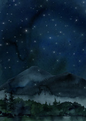 Watercolor night ready card, watercolor background, stars, mountains and sky at night