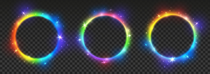 Set of bright rainbow neon circles with transparent effects - vector shiny round frames for Your design - 326248470