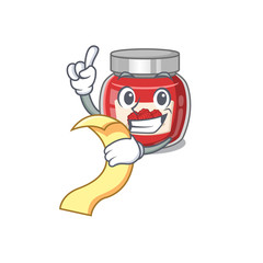 A funny cartoon character of raspberry jam holding a menu