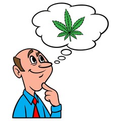Thinking about using Marijuana - A cartoon illustration of a man thinking about using Marijuana.