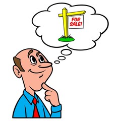 Thinking about selling a House - A cartoon illustration of a man thinking about selling a House.