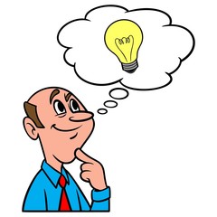 Thinking of an Idea - A cartoon illustration of a man thinking about a new idea.