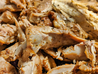 macro focus on shredded up cooked turkey meat