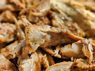 macro focus on shredded up cooked turkey meat