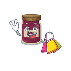 A friendly rich plum jam waving and holding Shopping bag