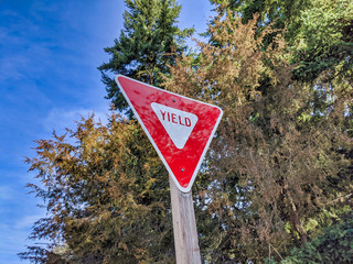 red traffic yield sign next to a road