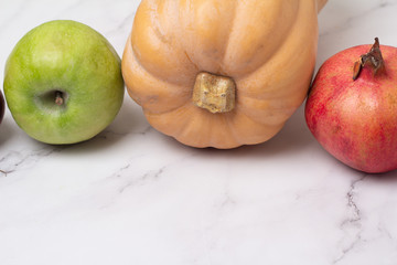 vegetables and fruits on a white background and place for text