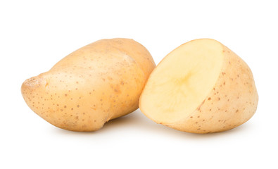 Raw potato cut in half on white with clipping path.
