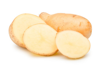 Raw potato sliced into pieces on white with clipping path.