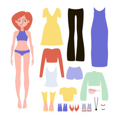 Paper doll game clothing set collection. Body template, outfit and accessories.