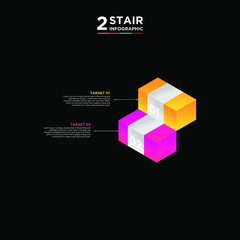 Obraz premium 2 stair step timeline infographic element. Business concept with two options and number, steps or processes. data visualization. Vector illustration. isolated black and white background