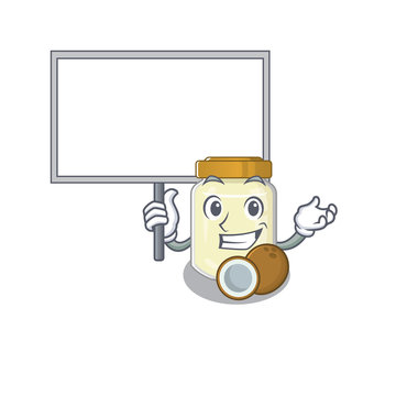 A cute picture of coconut butter mascot design with a board