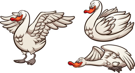 Cartoon swan in different  flying standing and swimming. Vector cartoon clip art illustration with simple gradients. Each on a separate layer.