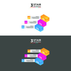 3 stair step timeline infographic element. Business concept with three options and number, steps or processes. data visualization. Vector illustration. isolated black and white background