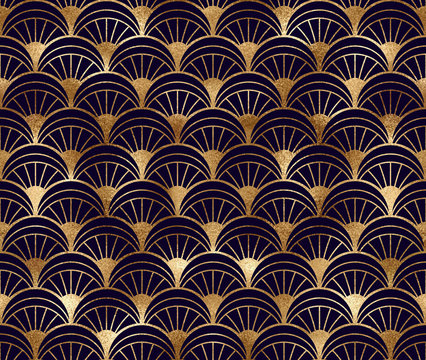 Art deco seamless pattern with gold geometric shapes and golden glitter texture on black background.