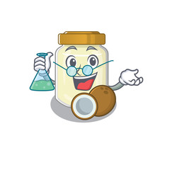 Cool coconut butter Professor cartoon character with glass tube