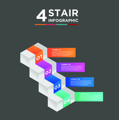 4 stair step timeline infographic element. Business concept with four options and number, steps or processes. data visualization. Vector illustration. isolated black background