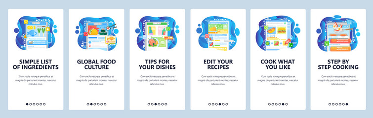 Cooking recipes online, step by step cook guide, world food cuisine, recipe book. Mobile app onboarding screens. Menu vector banner template for website mobile development. Web site illustration