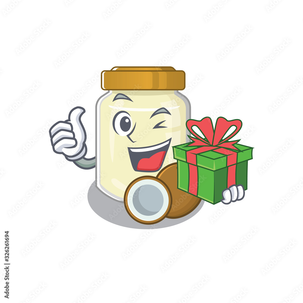 Poster Happy coconut butter character having a gift box