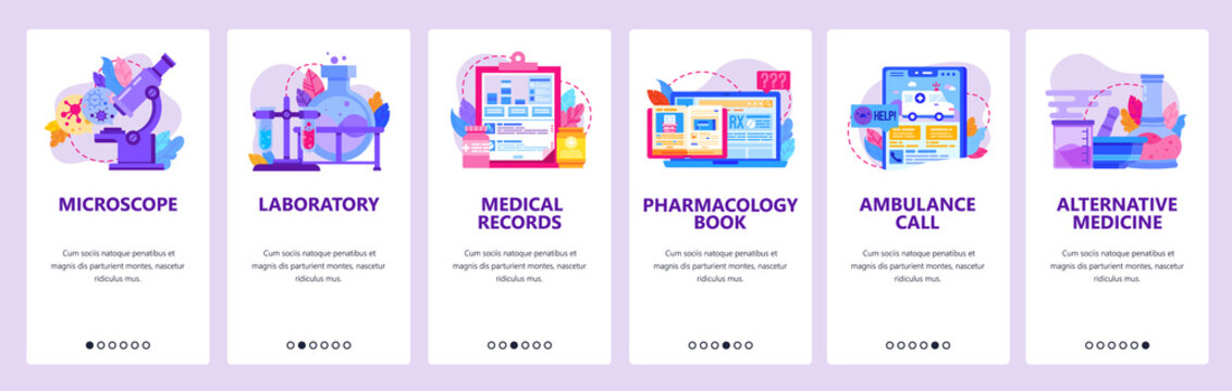 Medical Lab Microscope, Traditional Medicine, Ambulance Call, Medical Records, Chemistry Lab. Mobile App Screens. Vector Banner Template For Website Mobile Development. Web Site Design Illustration